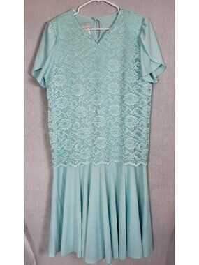 Vintage 80s 90s Mint Green Dress Floral Lace Sz 16 Mom Wedding Church Lady Blair